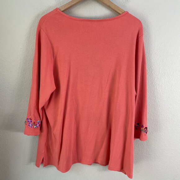 Quacker Factory Womens Plus 1X Embroidered Floral Top Coral 3/4 Sleeve Shirt - Picture 10 of 11